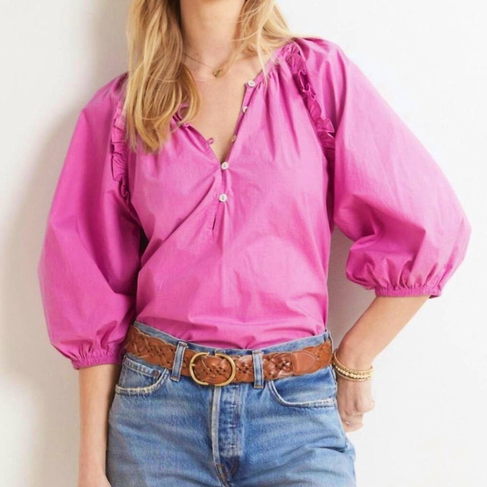 Cleobella Jess Blouse Azalea Purple Ruffle Half Sleeves Button Closure Size XL